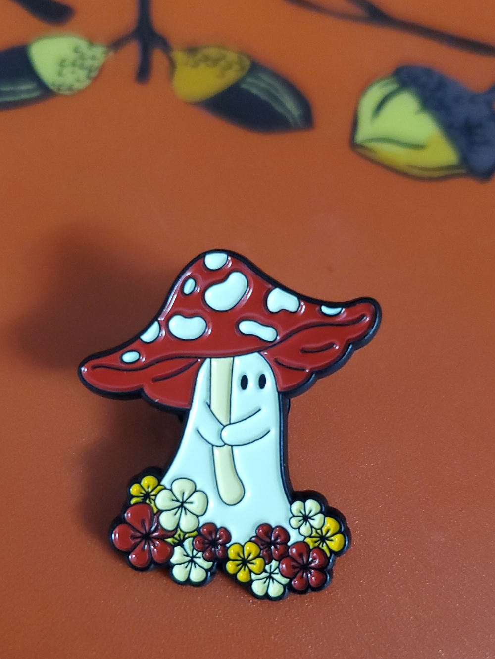 Cute Red Mushroom Enamel Pin with Floral Base